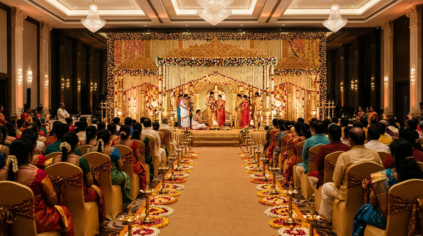 Grand South Indian Floral Kalyana Mandapam Stage with Guest Seating — Classic 3 Convention